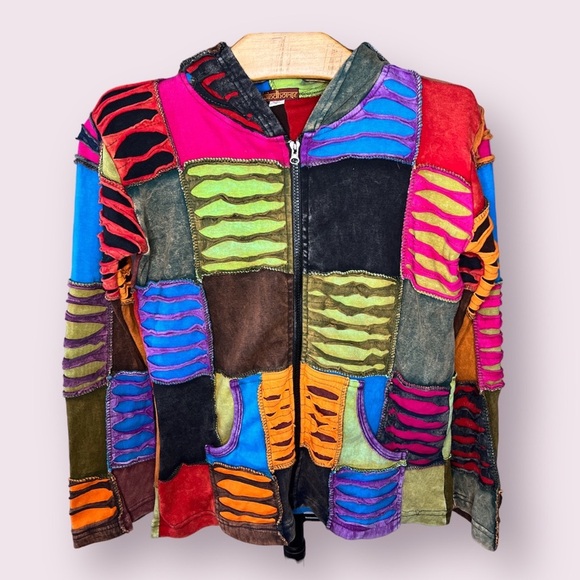 Y2K Grunge Boho Windhorse Patchwork Zip Hoodie Jacket Nepal Vintage Quilted - Picture 1 of 5